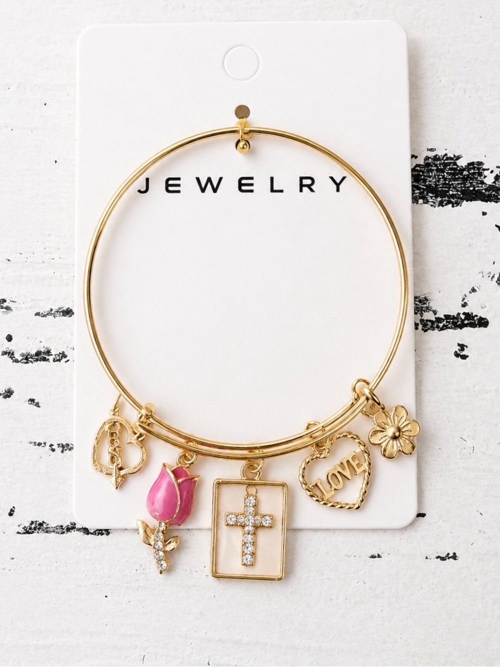 🌸 Gold Tone Charm Bangle Bracelet – Cross, Rose & Love Charms 🌸